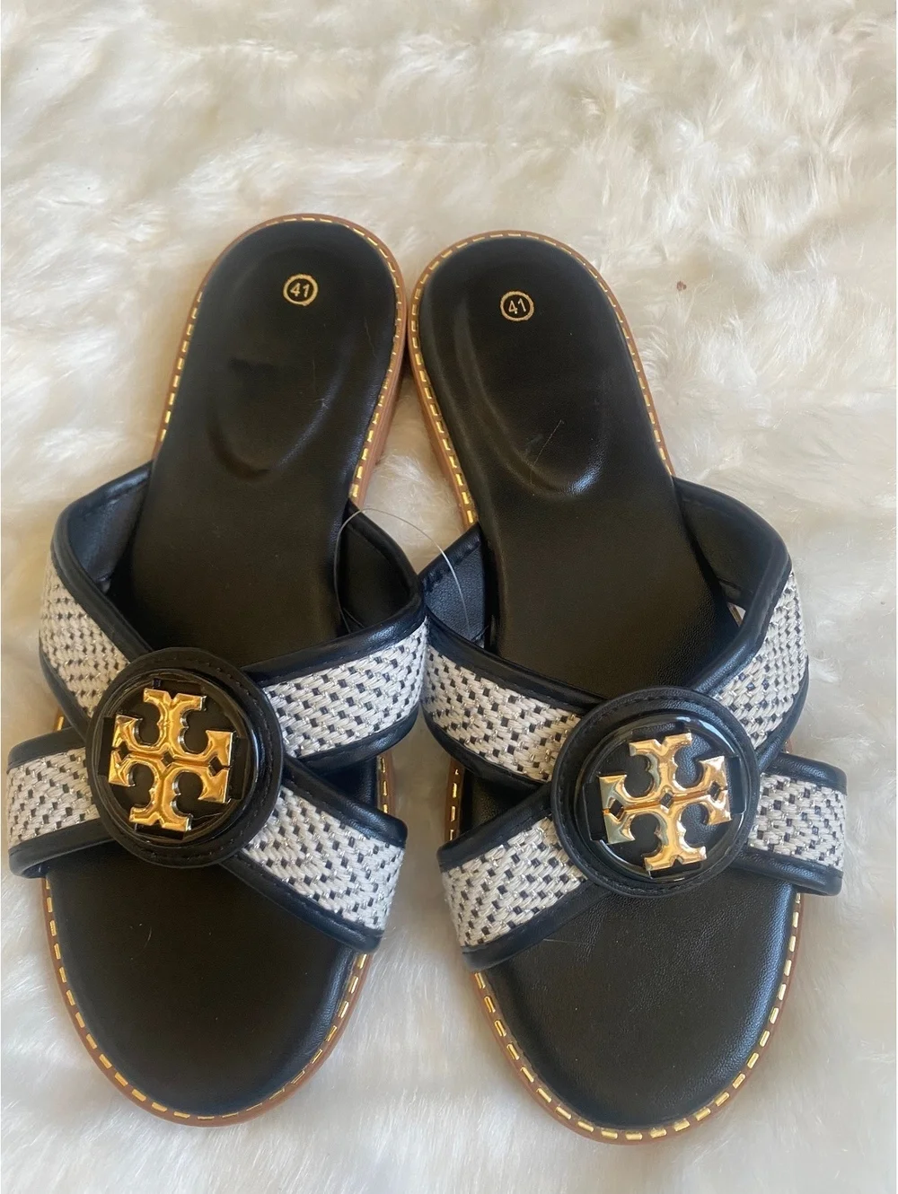 Tory Burch Black and White Slip-On Sandals, Gold Accent 10W